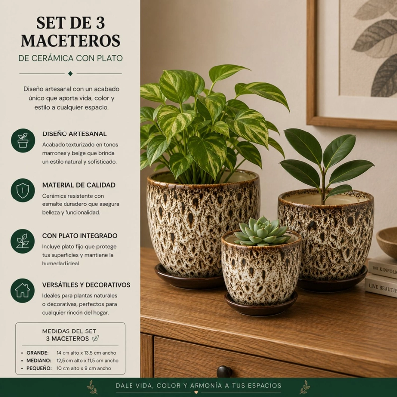 SET 3 MACETERO CERAMICA DECORATIVO TEXTURIZADO HOGAR - 4