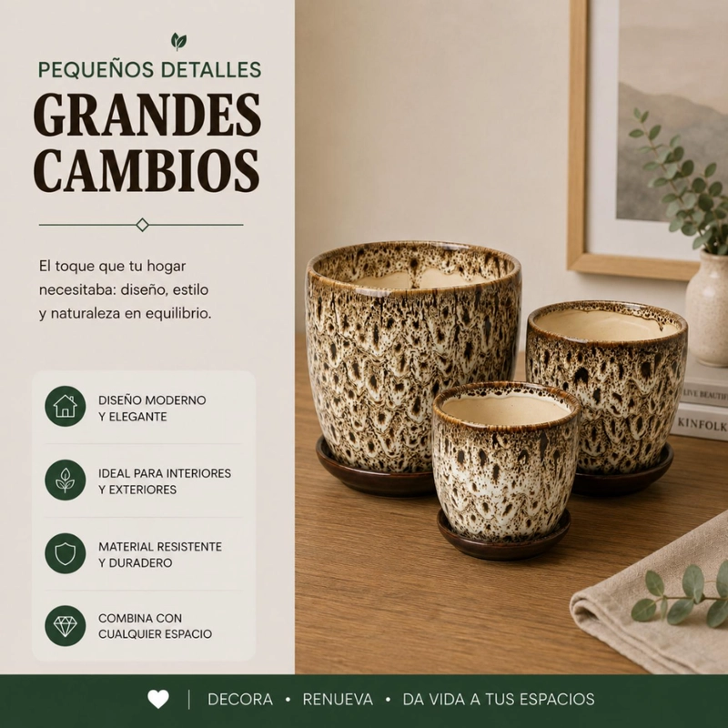 SET 3 MACETERO CERAMICA DECORATIVO TEXTURIZADO HOGAR - 5