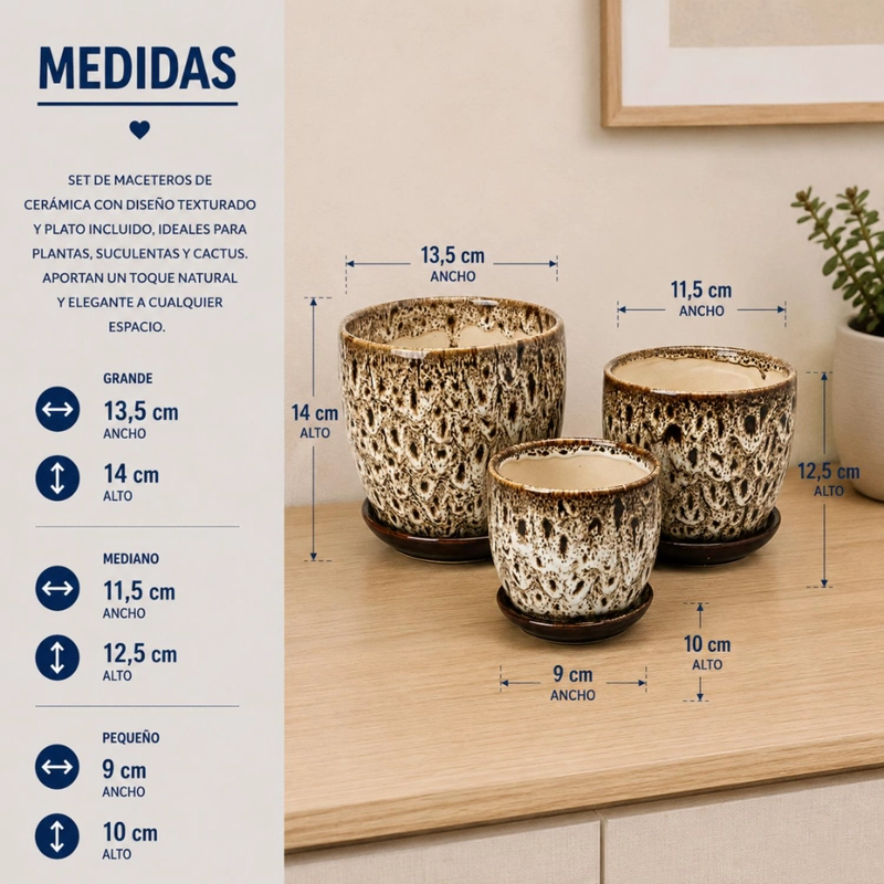 SET 3 MACETERO CERAMICA DECORATIVO TEXTURIZADO HOGAR - 7