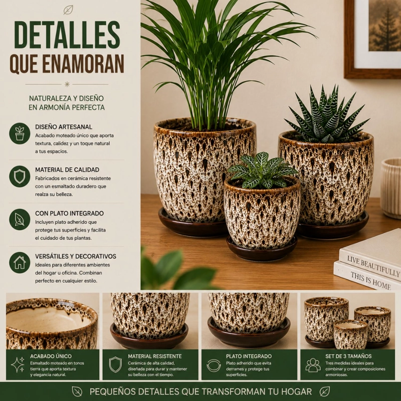 SET 3 MACETERO CERAMICA DECORATIVO TEXTURIZADO HOGAR - 8