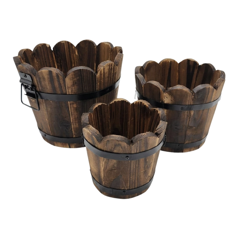 SET 3 MACETEROS DE MADERA TIPO BARRIL CIRCULAR DE JARDIN - 1