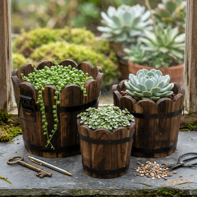 SET 3 MACETEROS DE MADERA TIPO BARRIL CIRCULAR DE JARDIN - 3