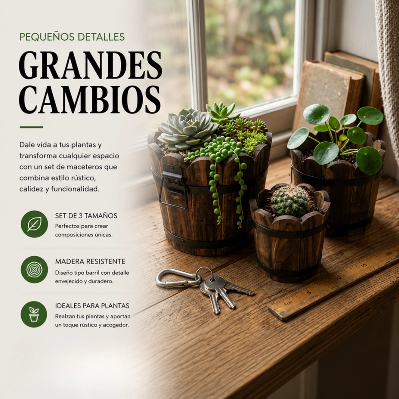 SET 3 MACETEROS DE MADERA TIPO BARRIL CIRCULAR DE JARDIN - 4