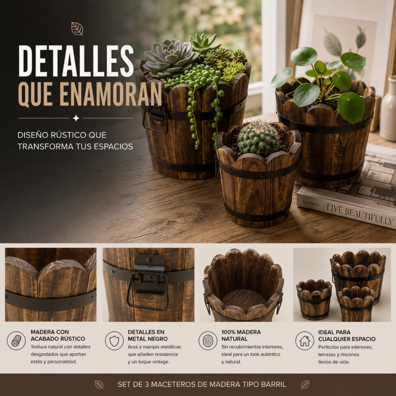 SET 3 MACETEROS DE MADERA TIPO BARRIL CIRCULAR DE JARDIN - 5