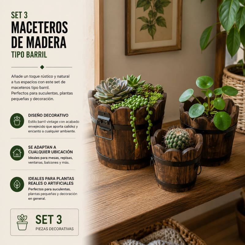 SET 3 MACETEROS DE MADERA TIPO BARRIL CIRCULAR DE JARDIN - 6
