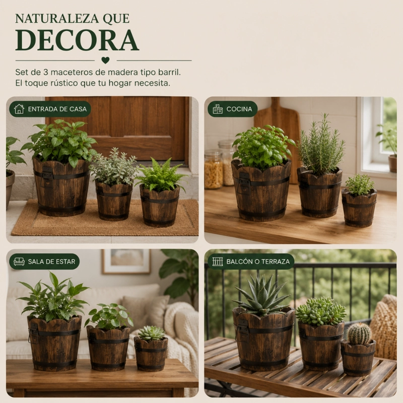 SET 3 MACETEROS DE MADERA TIPO BARRIL CIRCULAR DE JARDIN - 8
