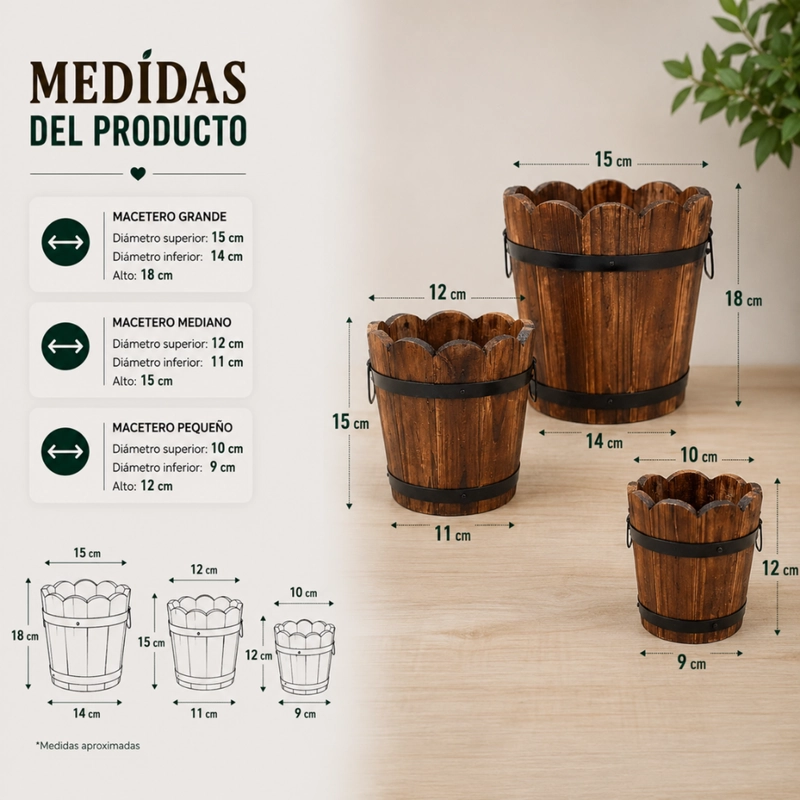 SET 3 MACETEROS DE MADERA TIPO BARRIL CIRCULAR DE JARDIN - 9