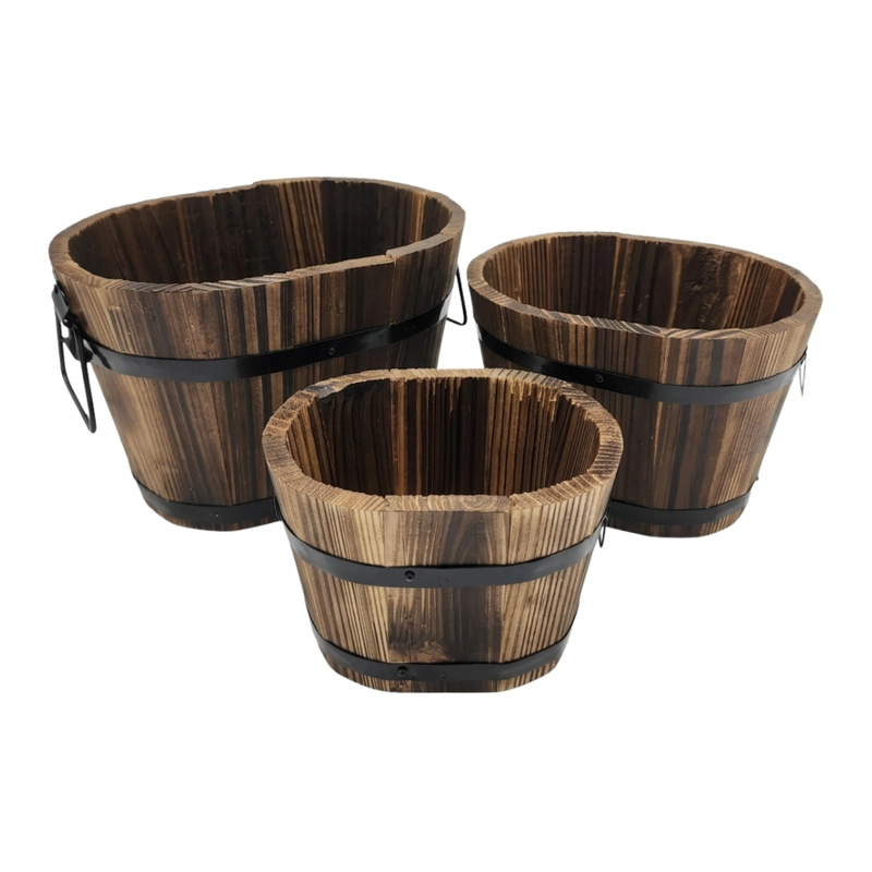 SET 3 MACETEROS DE MADERA TIPO BARRIL PARA JARDIN TERRAZA - 1