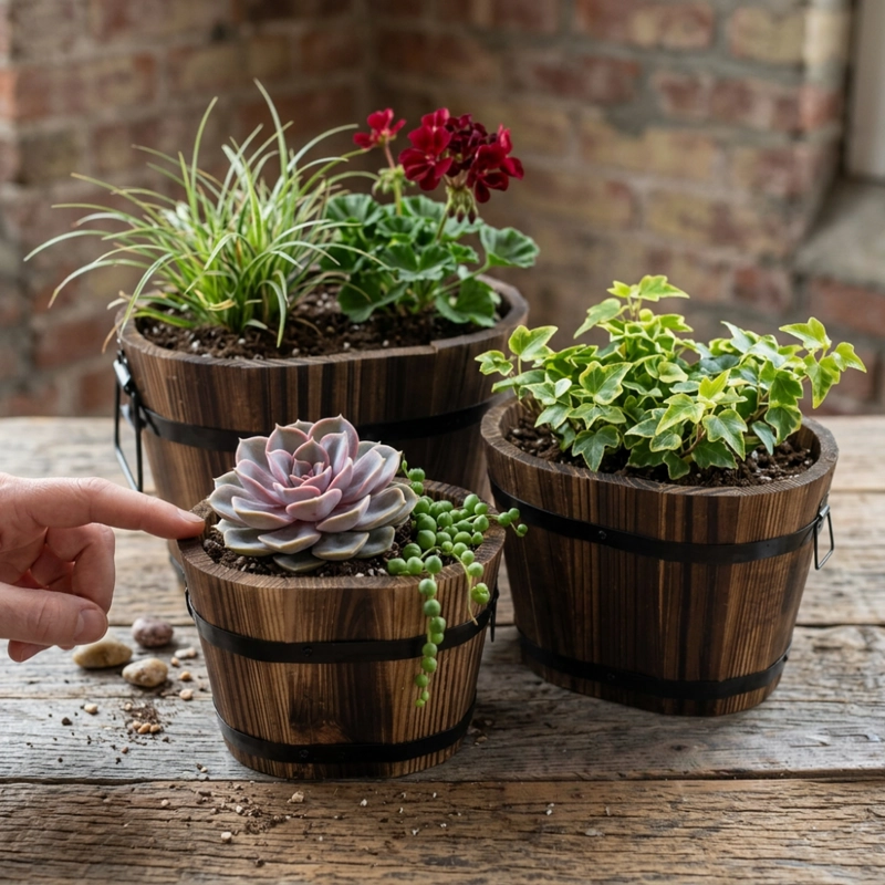 SET 3 MACETEROS DE MADERA TIPO BARRIL PARA JARDIN TERRAZA - 2
