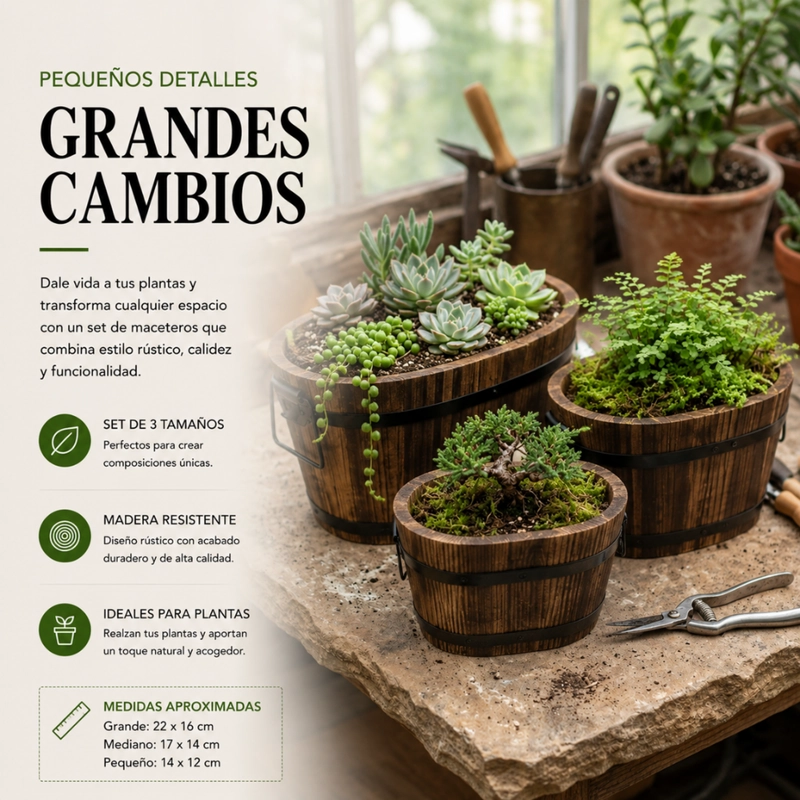 SET 3 MACETEROS DE MADERA TIPO BARRIL PARA JARDIN TERRAZA - 4