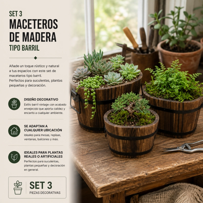 SET 3 MACETEROS DE MADERA TIPO BARRIL PARA JARDIN TERRAZA - 5
