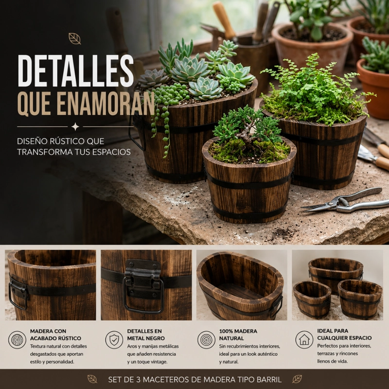 SET 3 MACETEROS DE MADERA TIPO BARRIL PARA JARDIN TERRAZA - 6