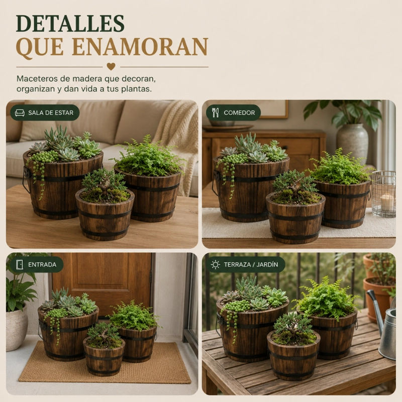 SET 3 MACETEROS DE MADERA TIPO BARRIL PARA JARDIN TERRAZA - 7