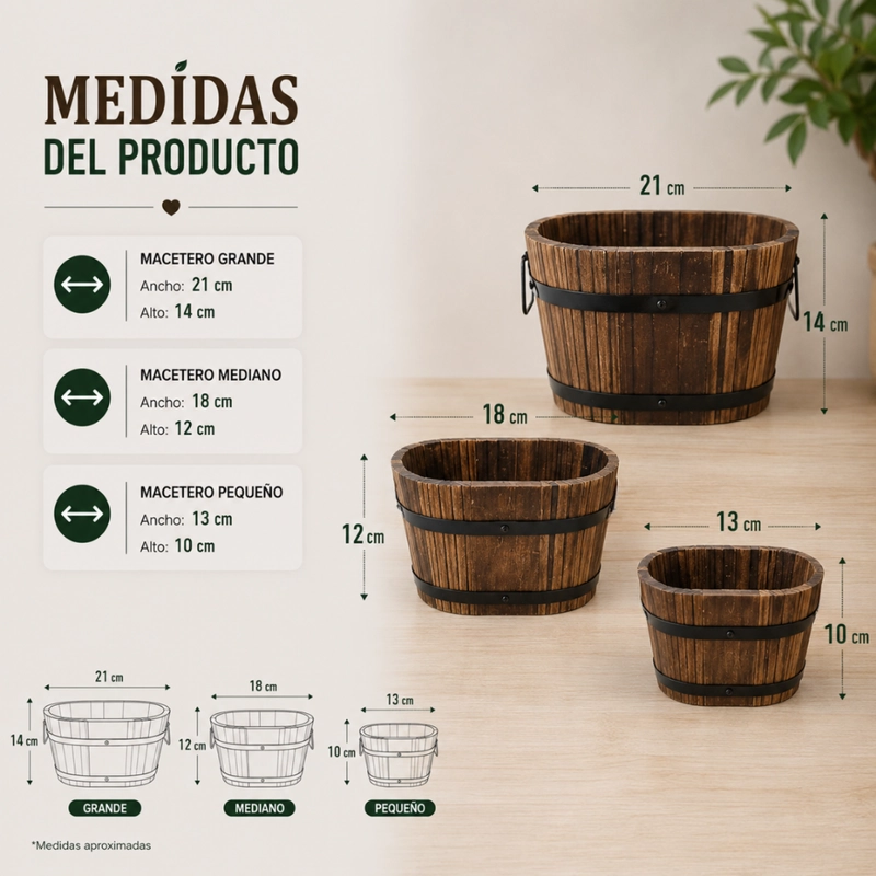 SET 3 MACETEROS DE MADERA TIPO BARRIL PARA JARDIN TERRAZA - 8