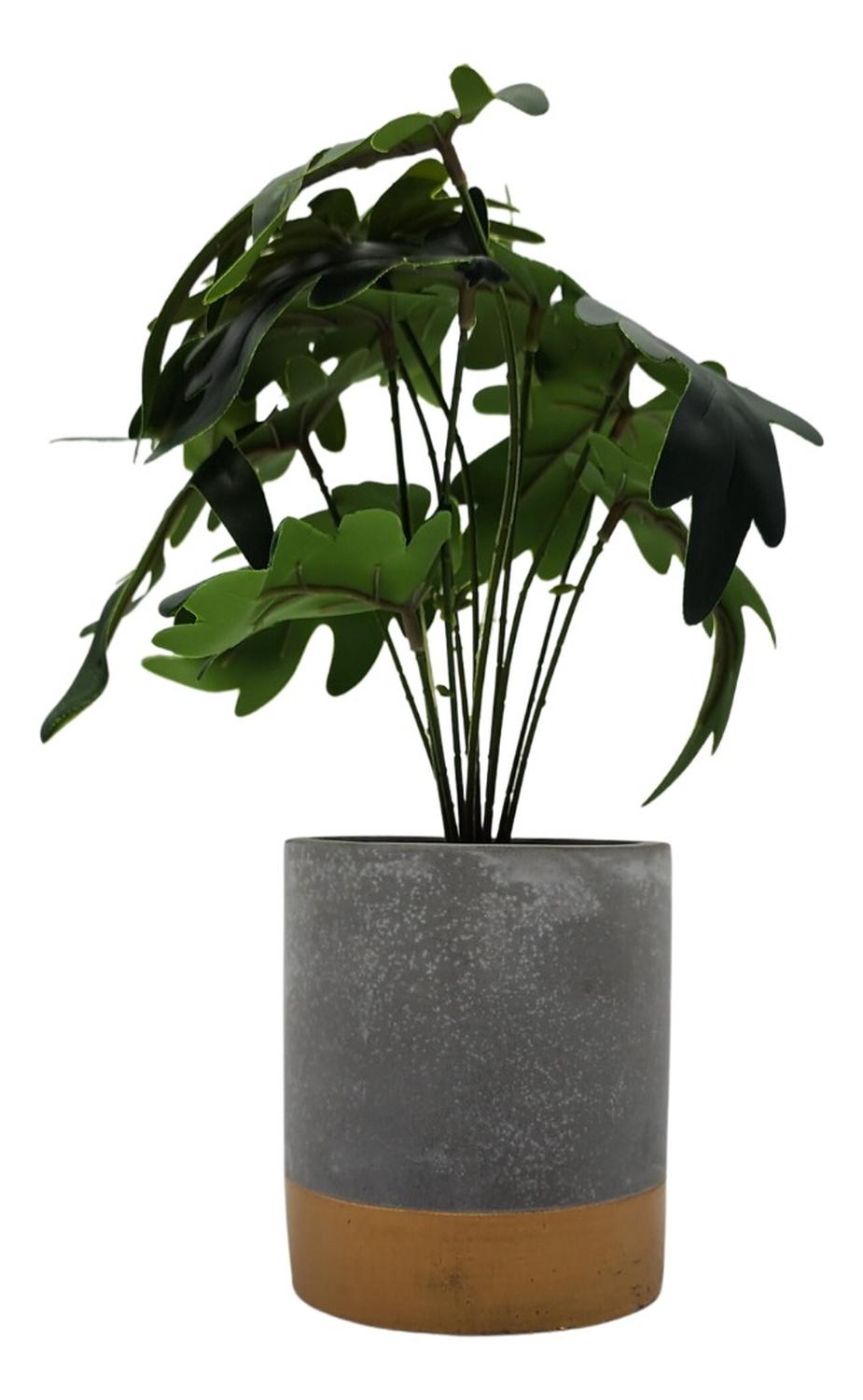 PLANTA ARTIFICIAL TROPICAL MACETERO CERAMICA GRIS CON DORADO - 1