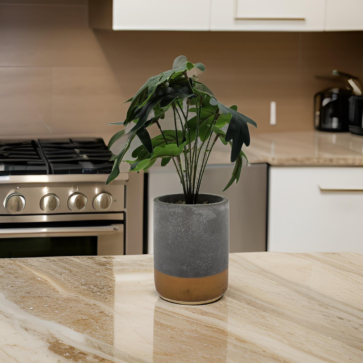 PLANTA ARTIFICIAL TROPICAL MACETERO CERAMICA GRIS CON DORADO - 6