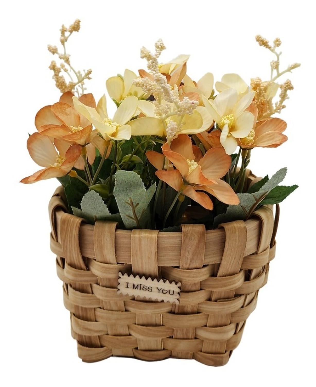 PLANTA ARTIFICIAL MACETERO MIMBRE FLORES AMARILLAS NARANJAS - 1