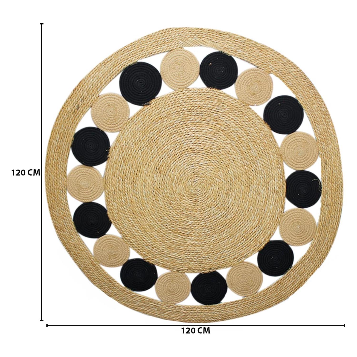 ALFOMBRA CIRCULOS NEGROS REDONDA YUTE BORDE NEGRO FRANJA - 5