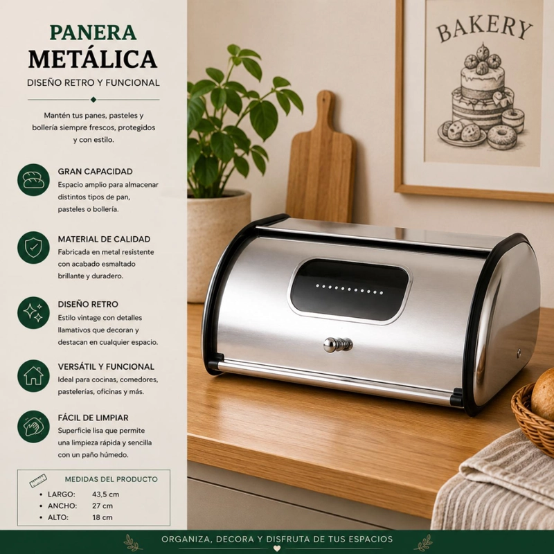 PANERA METALICA VINTAGE RETRO ACERO INOXIDABLE BRILLANTE - 4