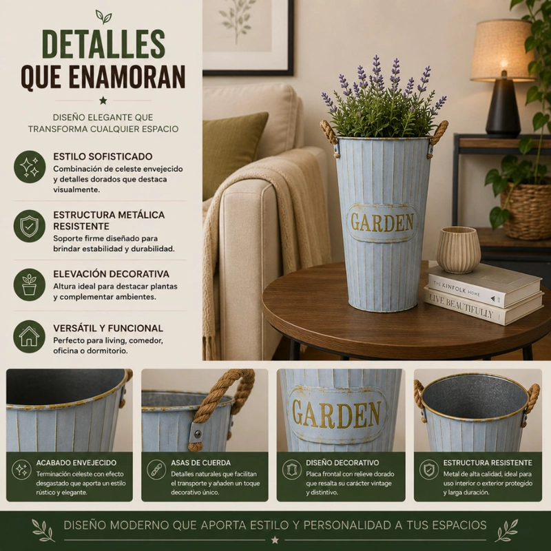 MACETERO METALICO DECORATIVO CELESTE TIPO FLORERO S - 7