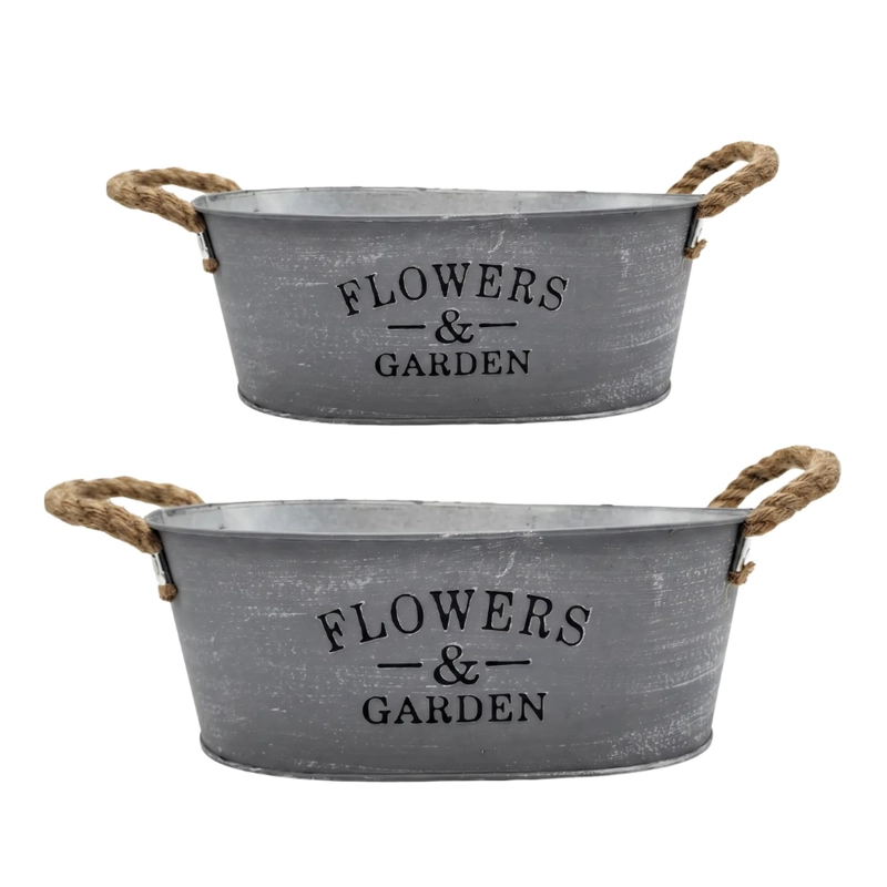 SET 2 MACETERO METALICO GRIS OVALADO DECORATIVO CON ASAS - 1