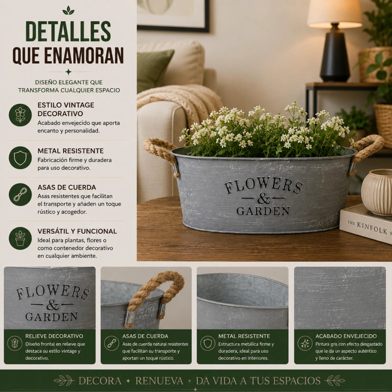 SET 2 MACETERO METALICO GRIS OVALADO DECORATIVO CON ASAS - 4