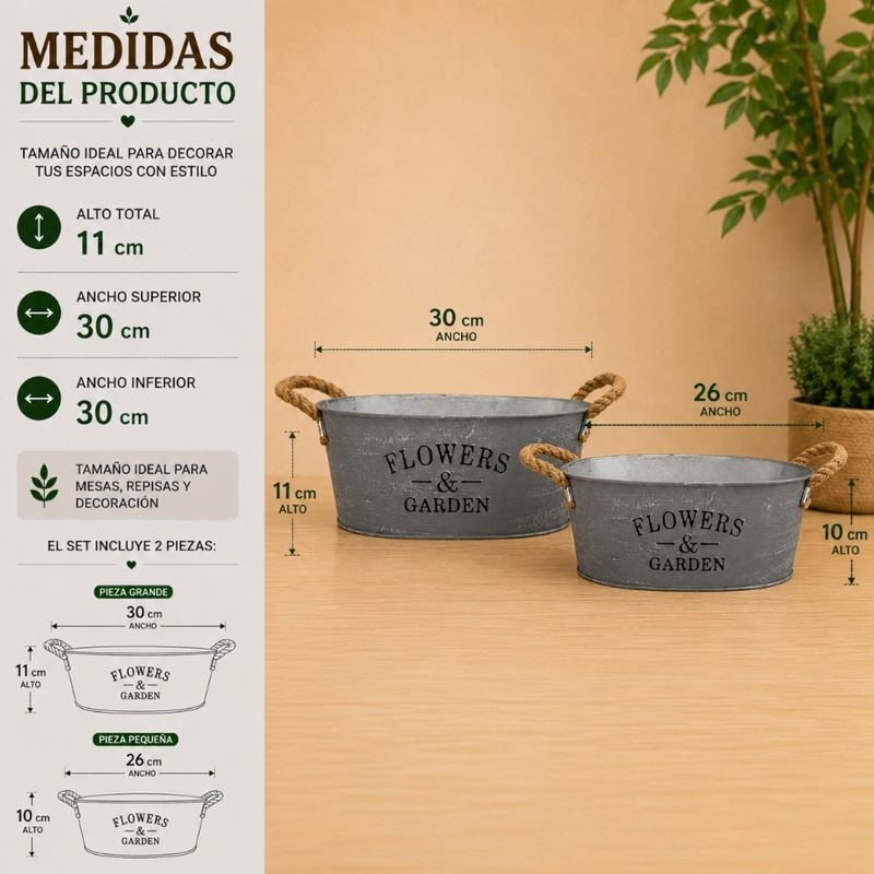 SET 2 MACETERO METALICO GRIS OVALADO DECORATIVO CON ASAS - 5