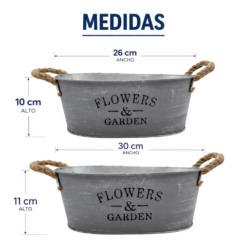 SET 2 MACETERO METALICO GRIS OVALADO DECORATIVO CON ASAS - 9