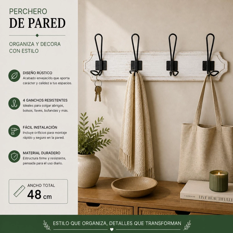 PERCHERO DE PARED COLGADOR VINTAGE 4 GANCHOS DOBLES BLANCO - 4