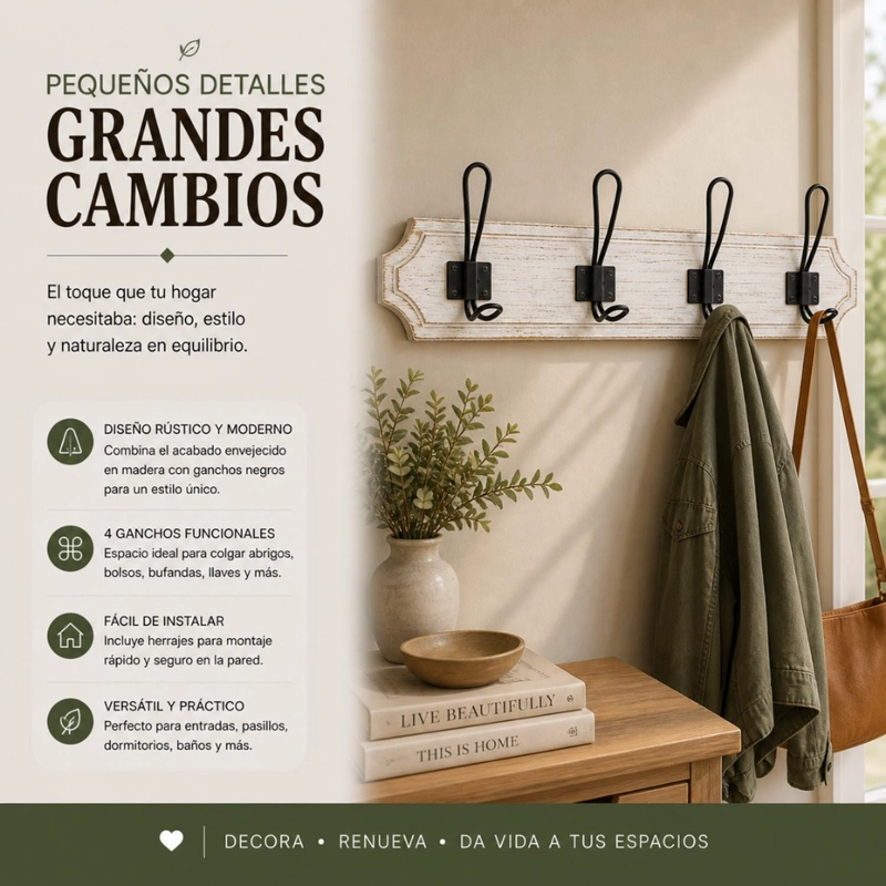 PERCHERO DE PARED COLGADOR VINTAGE 4 GANCHOS DOBLES BLANCO - 5