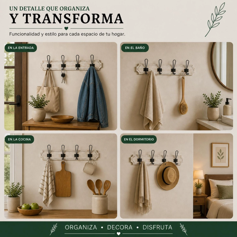 PERCHERO DE PARED COLGADOR VINTAGE 4 GANCHOS DOBLES BLANCO - 6