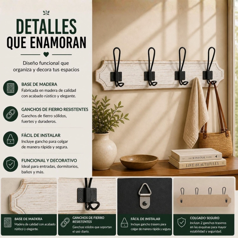 PERCHERO DE PARED COLGADOR VINTAGE 4 GANCHOS DOBLES BLANCO - 7