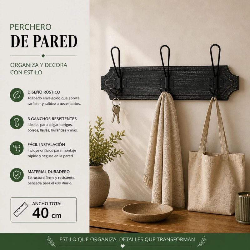 PERCHERO 3 GANCHOS DOBLE COLGADORES DE MADERA ROPA NEGRO - 4