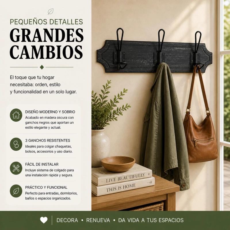 PERCHERO 3 GANCHOS DOBLE COLGADORES DE MADERA ROPA NEGRO - 5