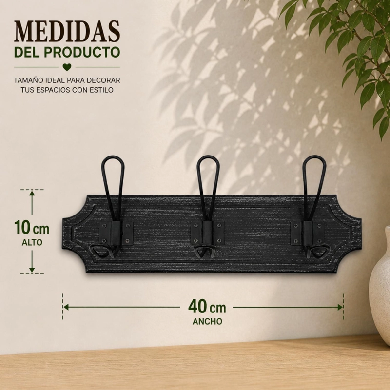 PERCHERO 3 GANCHOS DOBLE COLGADORES DE MADERA ROPA NEGRO - 6