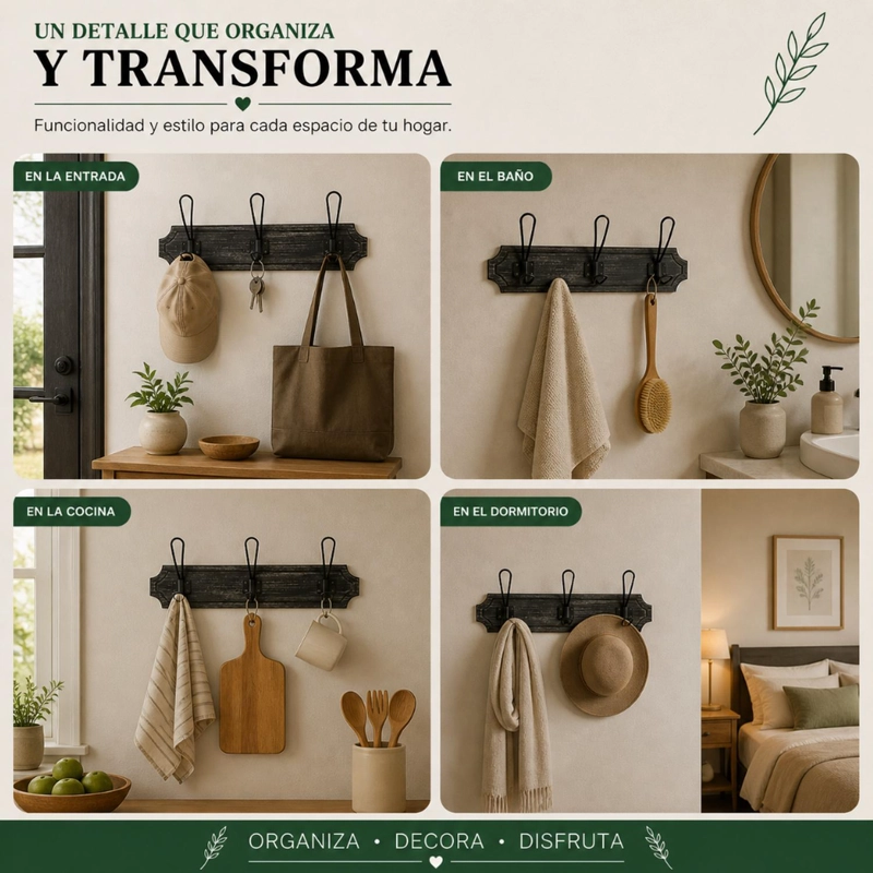 PERCHERO 3 GANCHOS DOBLE COLGADORES DE MADERA ROPA NEGRO - 7