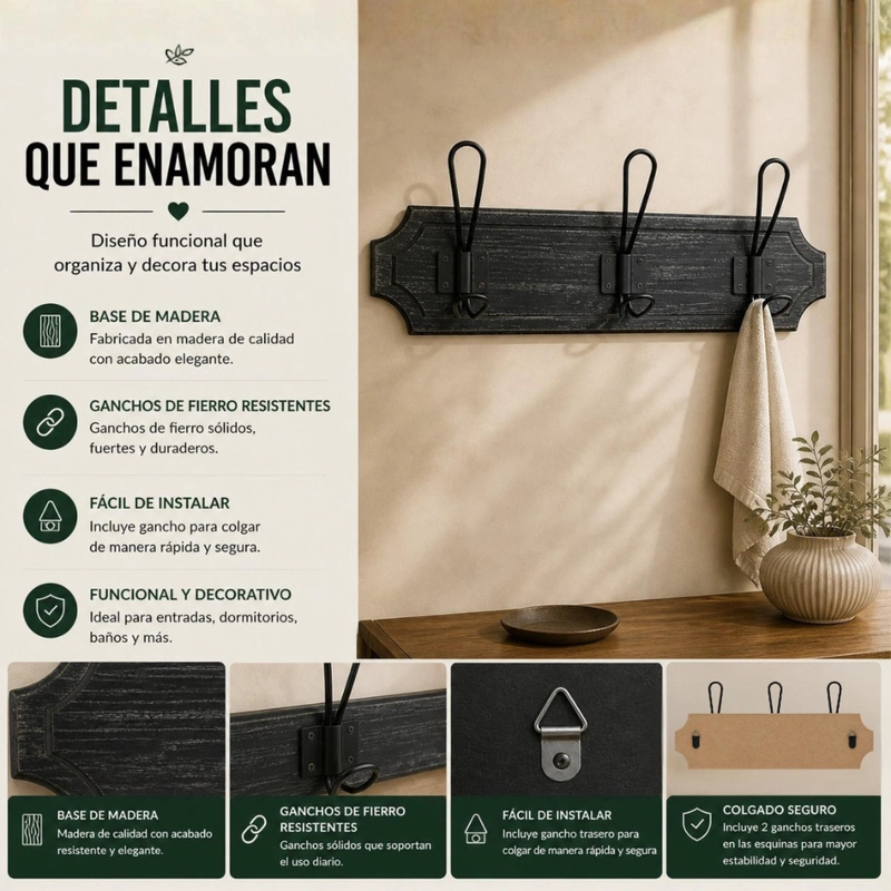 PERCHERO 3 GANCHOS DOBLE COLGADORES DE MADERA ROPA NEGRO - 8