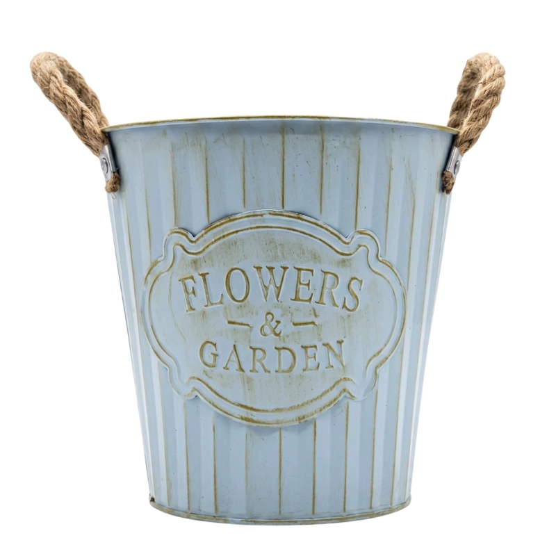 MACETERO METALICO CELESTE DECORATIVO CON ASAS JARDIN M - 1