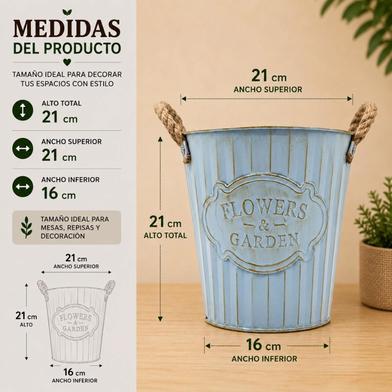 MACETERO METALICO CELESTE DECORATIVO CON ASAS JARDIN M - 4