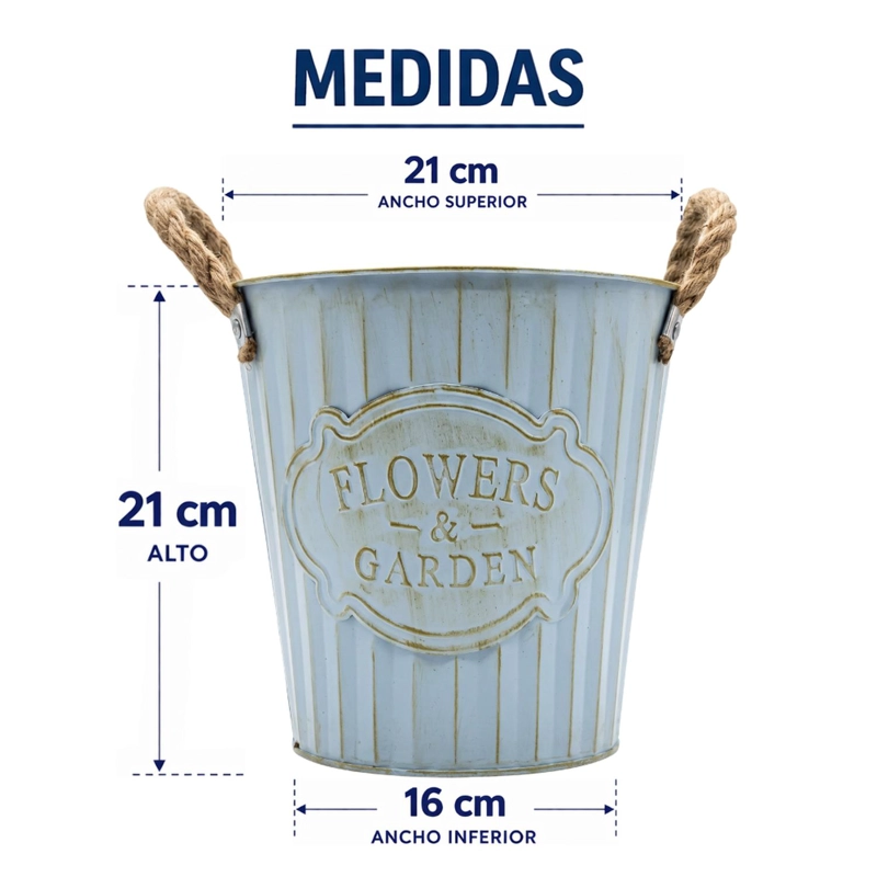 MACETERO METALICO CELESTE DECORATIVO CON ASAS JARDIN M - 7