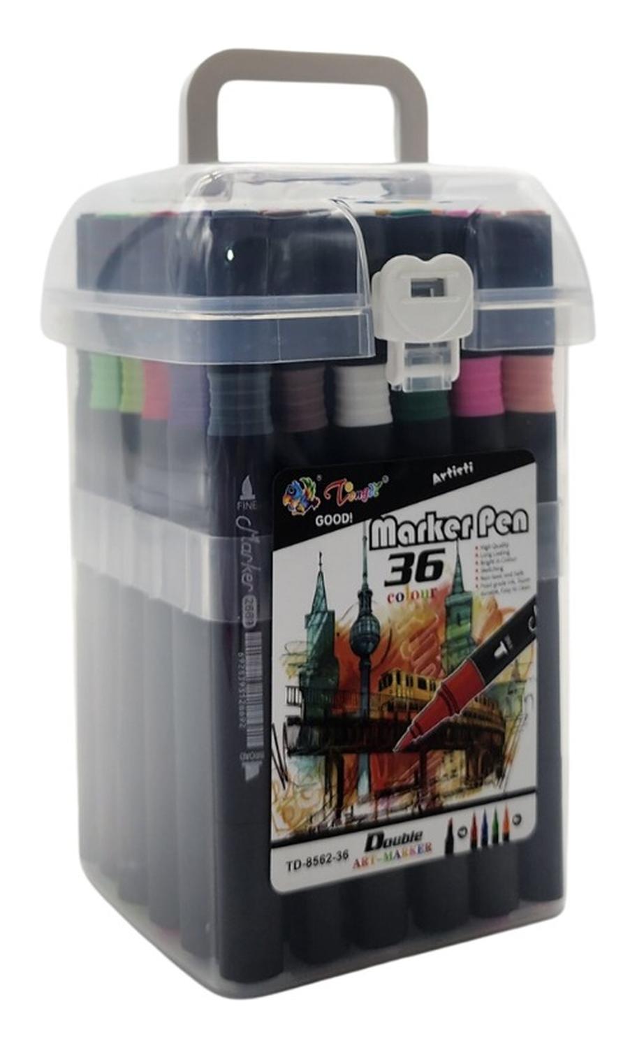 SET MARCADORES DOBLE PUNTA 36 LAPICES PLUMONES CON MALETIN - 1