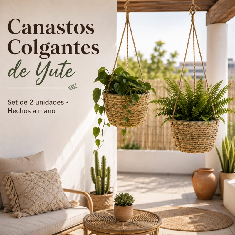 SET 2 CANASTOS PORTA MACETERO COLGANTE FIBRA JARDIN TERRAZA - 4