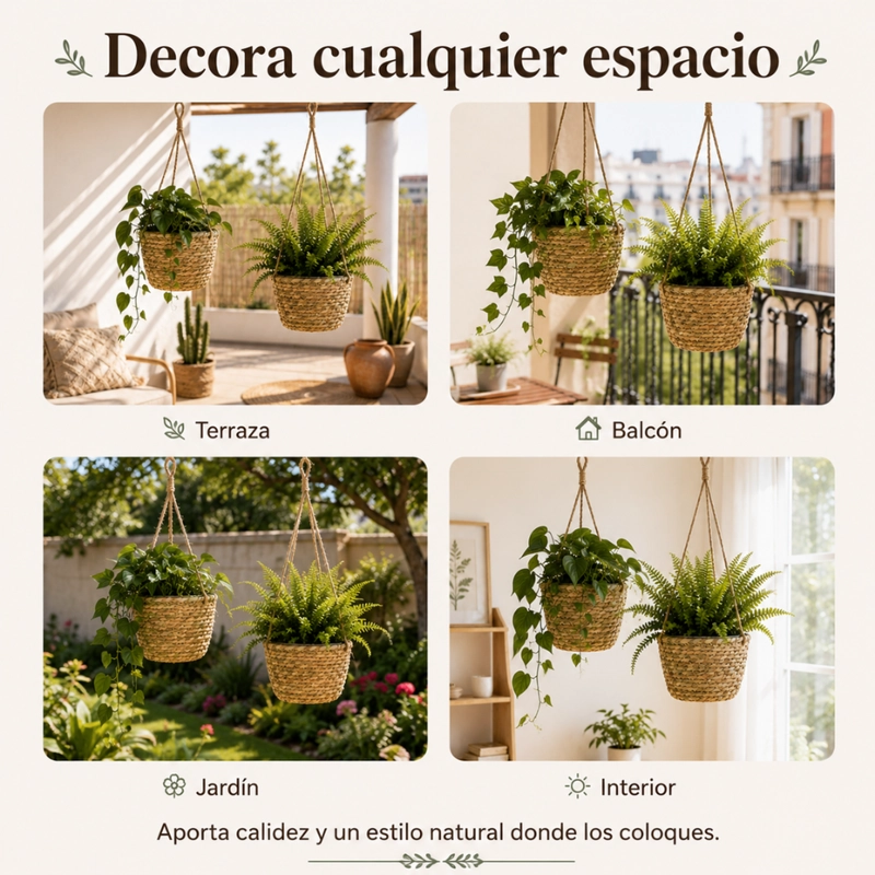 SET 2 CANASTOS PORTA MACETERO COLGANTE FIBRA JARDIN TERRAZA - 5