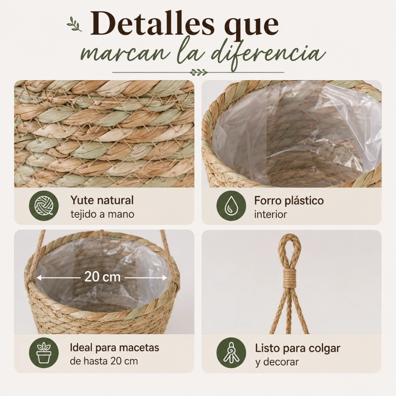 SET 2 CANASTOS PORTA MACETERO COLGANTE FIBRA JARDIN TERRAZA - 6