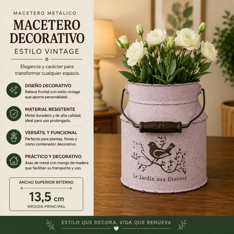 MACETERO METALICO BLANCO TARRO DECORATIVO VINTAGE MANILLA - 4