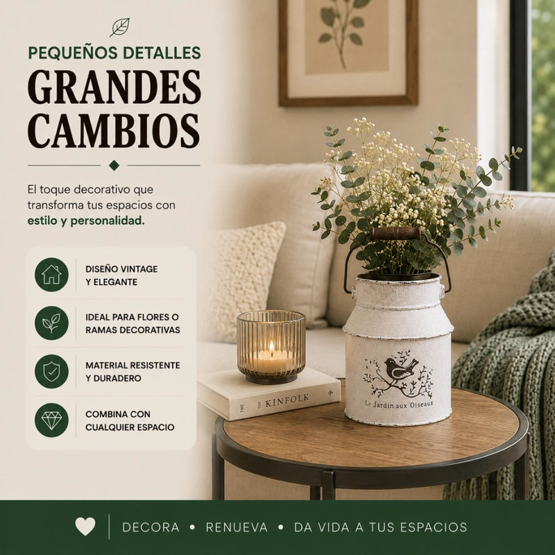 MACETERO METALICO BLANCO TARRO DECORATIVO VINTAGE MANILLA - 5
