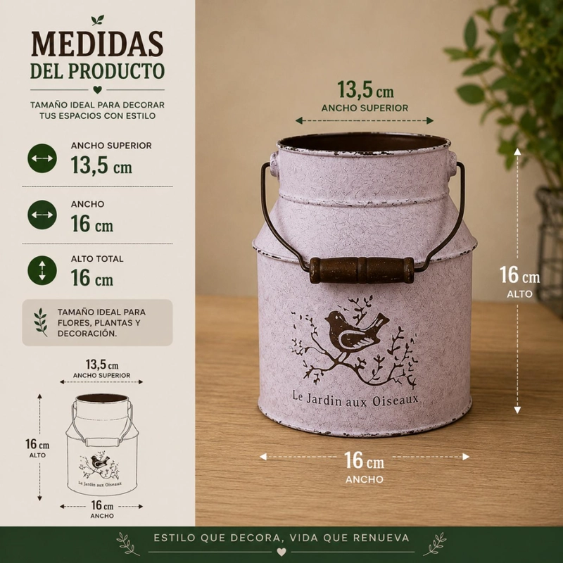 MACETERO METALICO BLANCO TARRO DECORATIVO VINTAGE MANILLA - 6