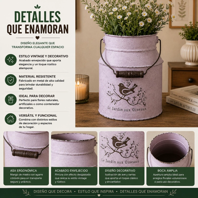 MACETERO METALICO BLANCO TARRO DECORATIVO VINTAGE MANILLA - 8