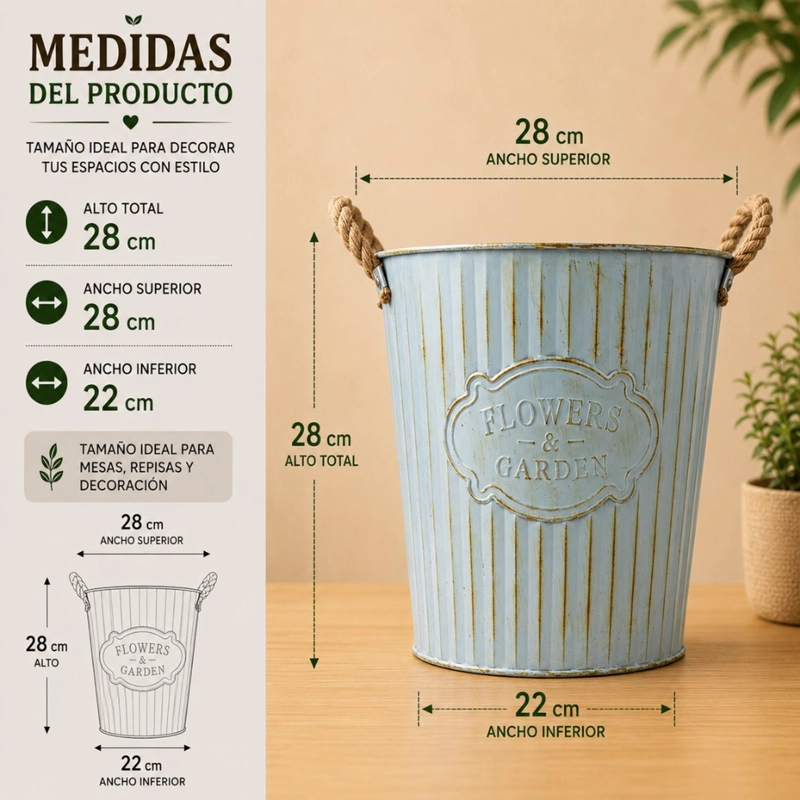 MACETERO METALICO CELESTE DECORATIVO CON ASAS JARDIN L - 4