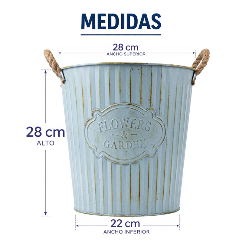 MACETERO METALICO CELESTE DECORATIVO CON ASAS JARDIN L - 8